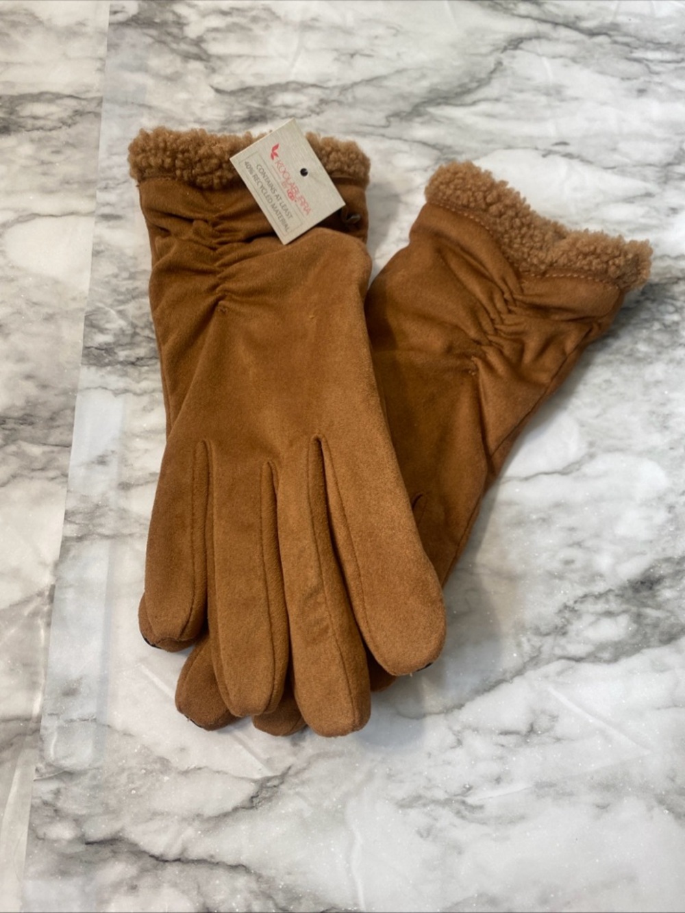 Koolaburra Camel Tan Faux Suede w/ Sherpa Cuff smart phone access finger tips